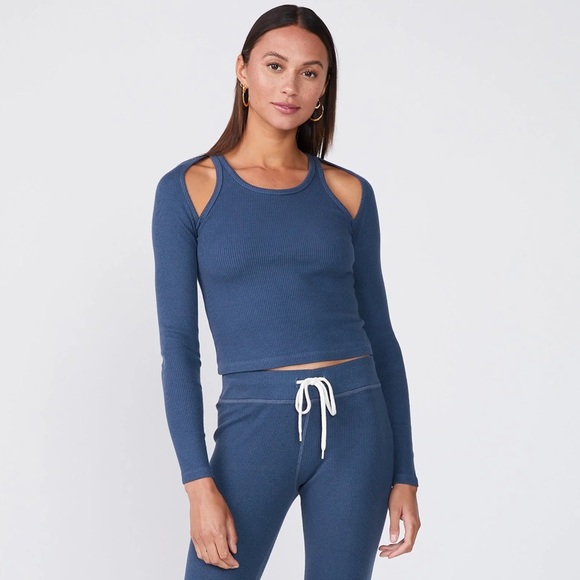 Monrow Cut Out Shoulder Long Sleeve Blue Ribbed Top Size S ASO Hope Mikaelson - Picture 2 of 7